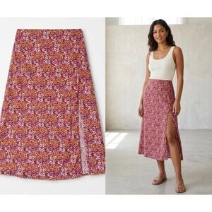Blue Rain Francesca’s Floral Midi Skirt Side Slit Small Burgundy Rust
